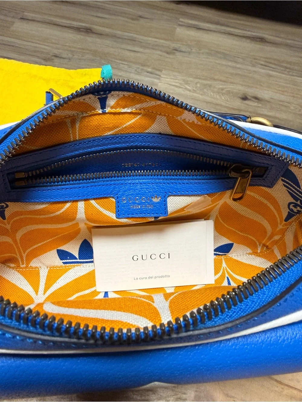 Gucci x Adidas collab Blue Leather Belt Bag with White Logo Trim